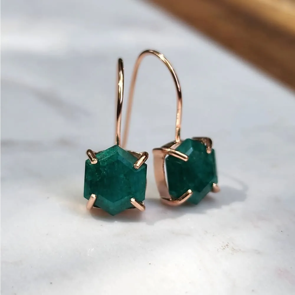 The Ashera - Hexagon Natural Emerald Dangle Earrings
